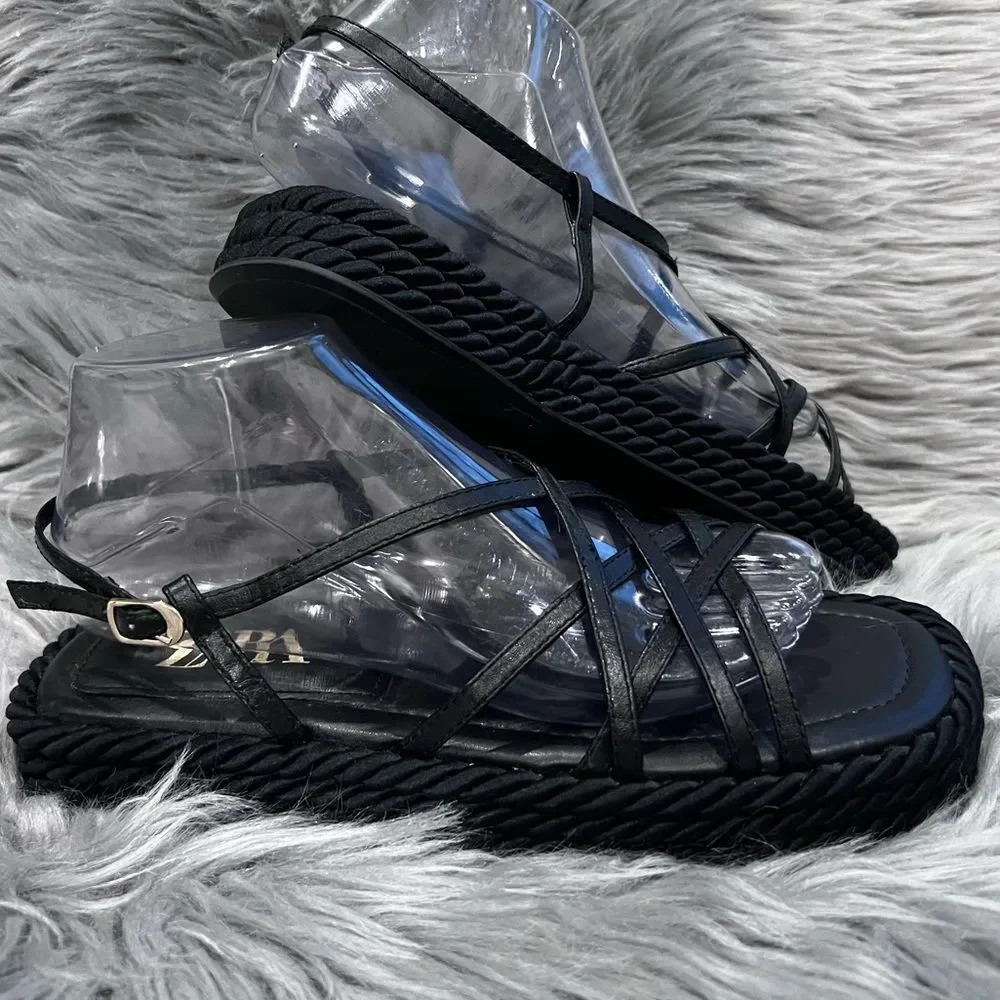Zara black leather rope platform sandals Size 40 - Picture 5 of 13